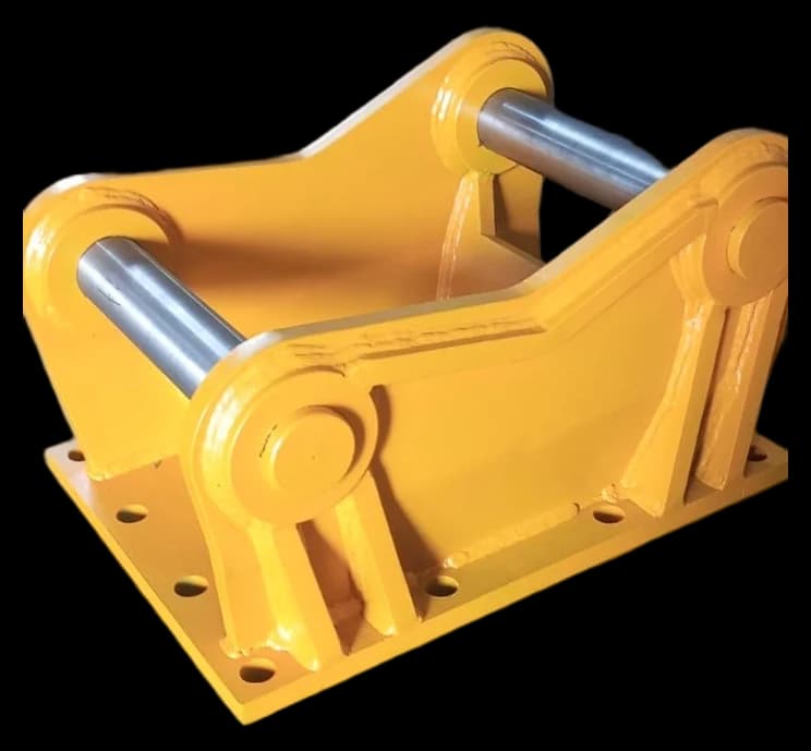 Bracket atas kuning untuk dudukan hydraulic breaker, dengan dua pin