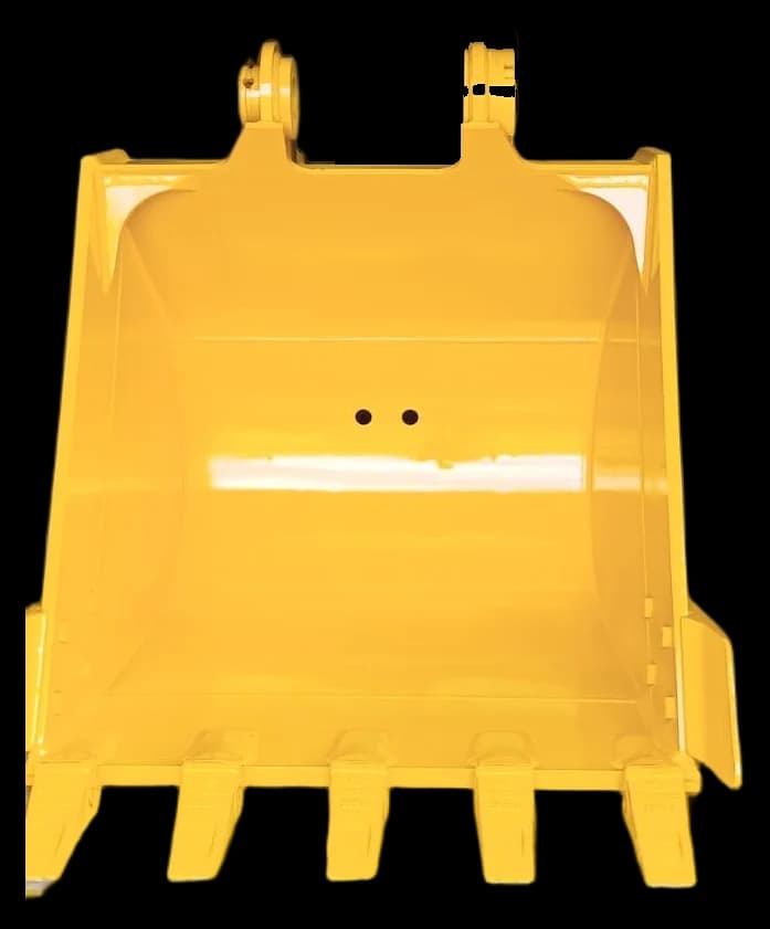 Bucket excavator general purpose kuning dengan lima kuku, tampak depan